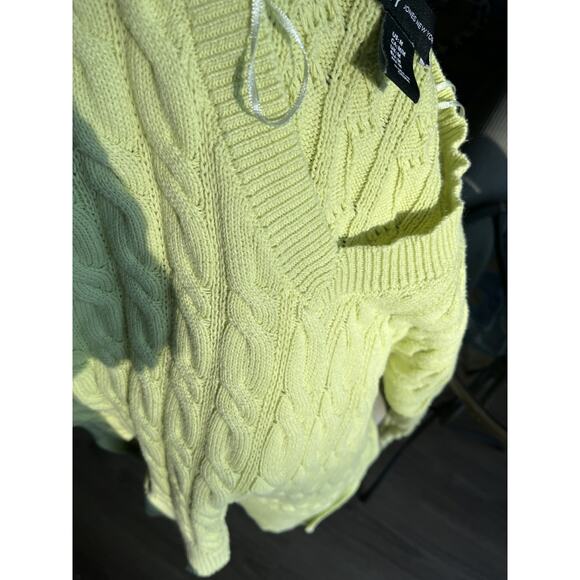 J Jones NY Women's M Lime Green Cotton V Neck Cable Knit Pullover Sweater Preppy - Picture 1 of 7